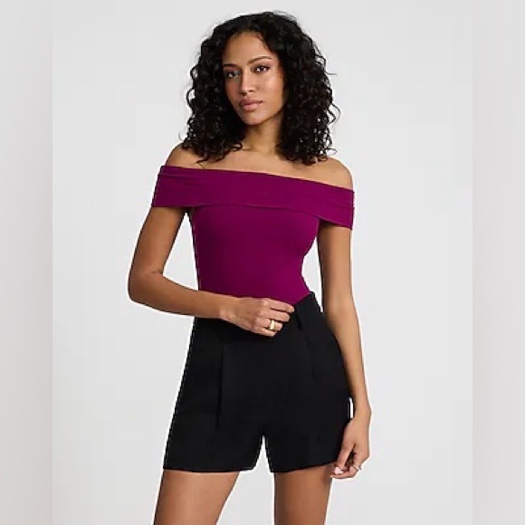 Express Tops - Express Plum Fitted Ribbed Off The Shoulder Overlay Top